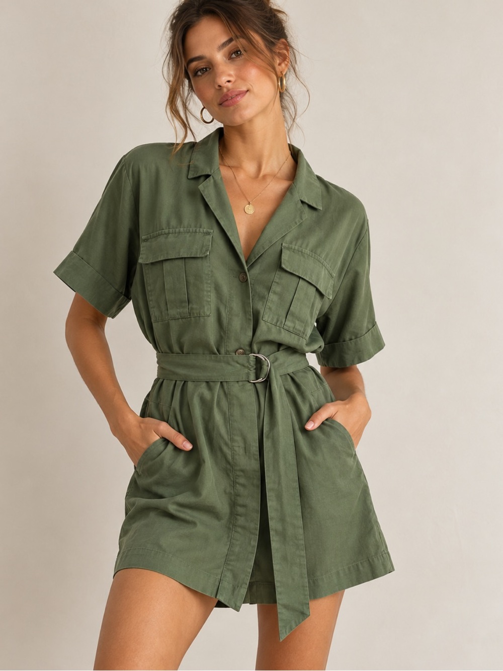 Zara Olive Green Utility Mini Dress with Belt